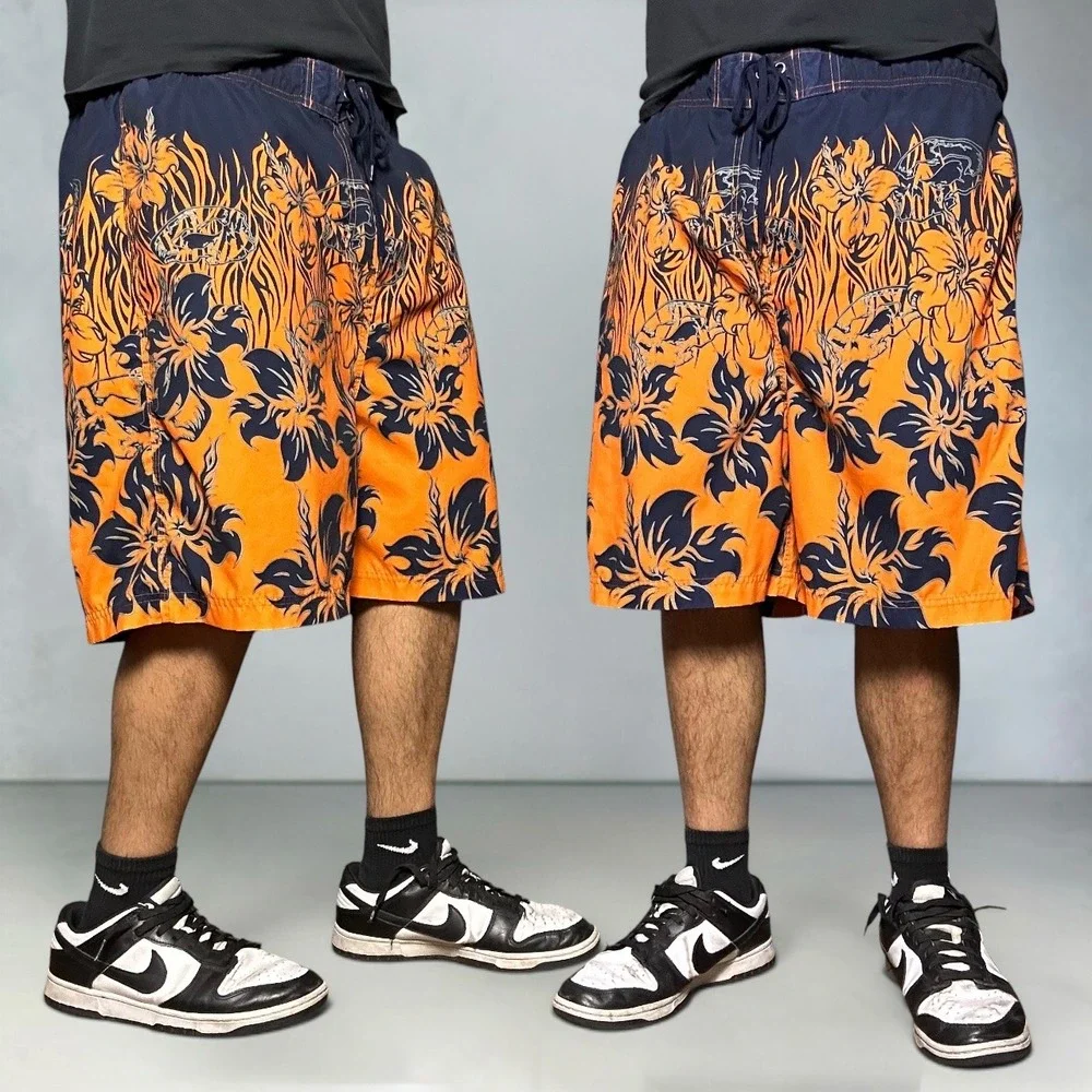 No Boundaries Y2K Orange Floral Flame Board Shorts Baggy Skater Mens Size Large